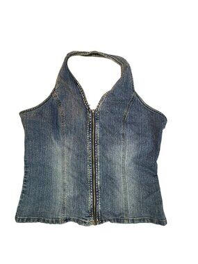 Denim Rhinestone Studded Halter Top - Size 3x